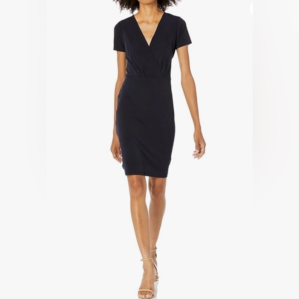 Tahari Black V-Neck Short Sleeve Waist Tie Faux Wrap Dress LBD Large